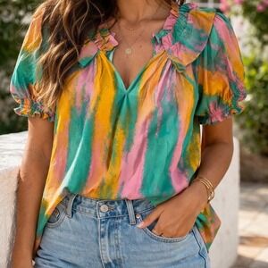 Caballero Womens Silk Blend Ruffle V-Neck Puff Sleeve Abstract Stripe Blouse L